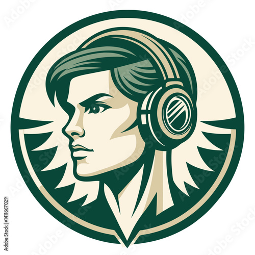 Stylized Female Character Wearing Headphones in Retro Design for Graphic and Merchandise Use