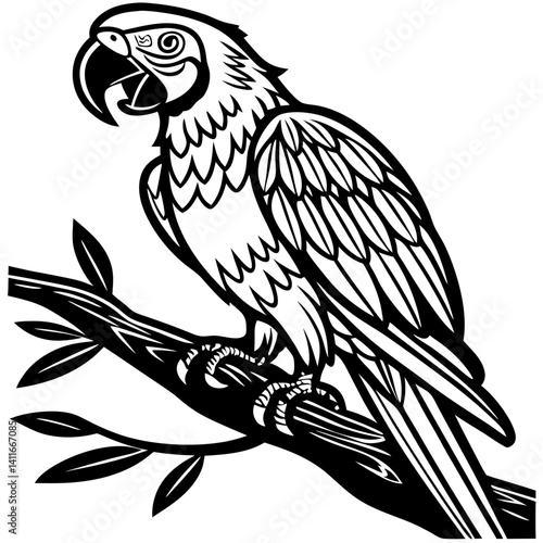 Intricate Black and White Parrot Illustration on a Branch for Tattoo and Coloring Designs