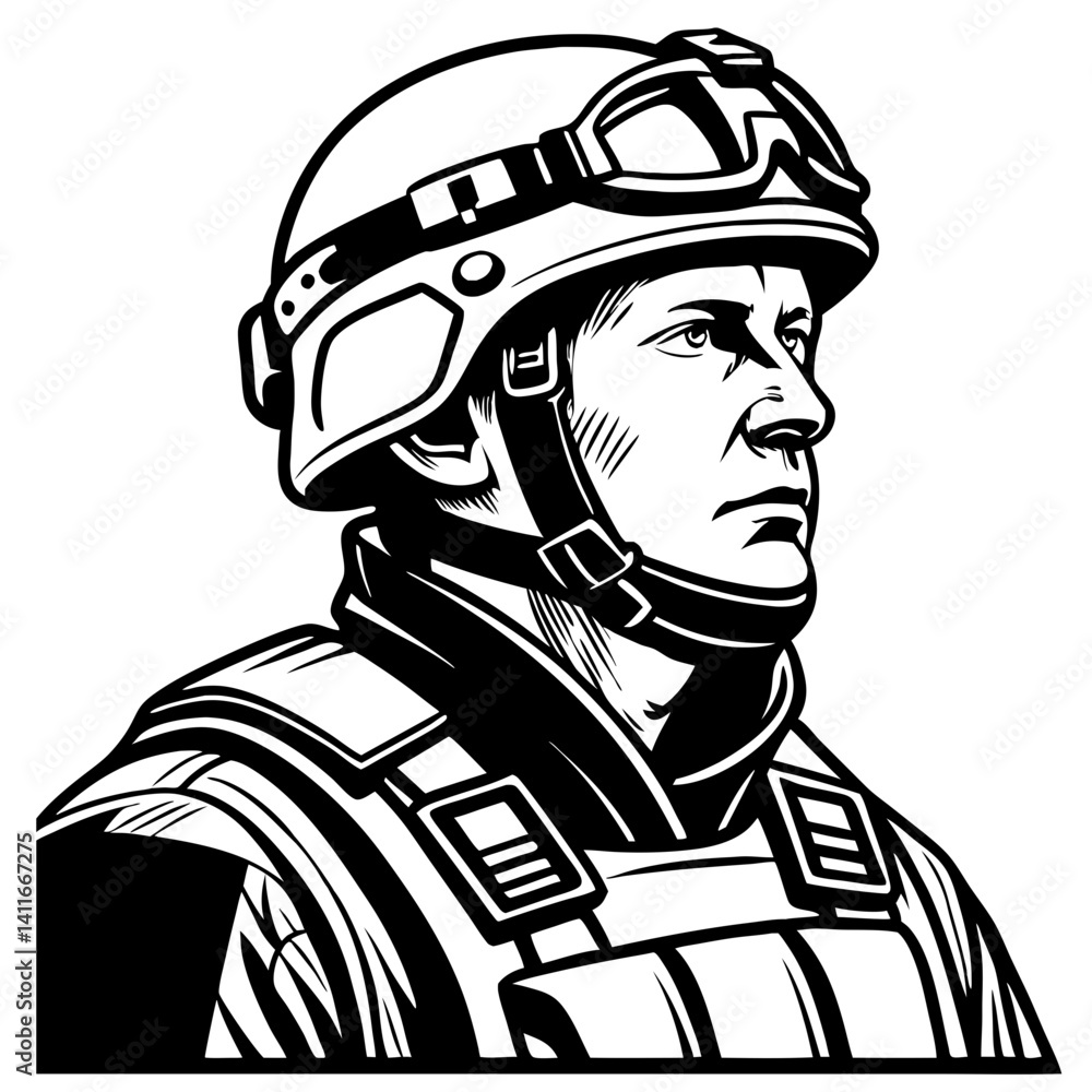 Obraz premium Soldier Portrait Illustration Military Helmet Tactical Gear Vector Art Design