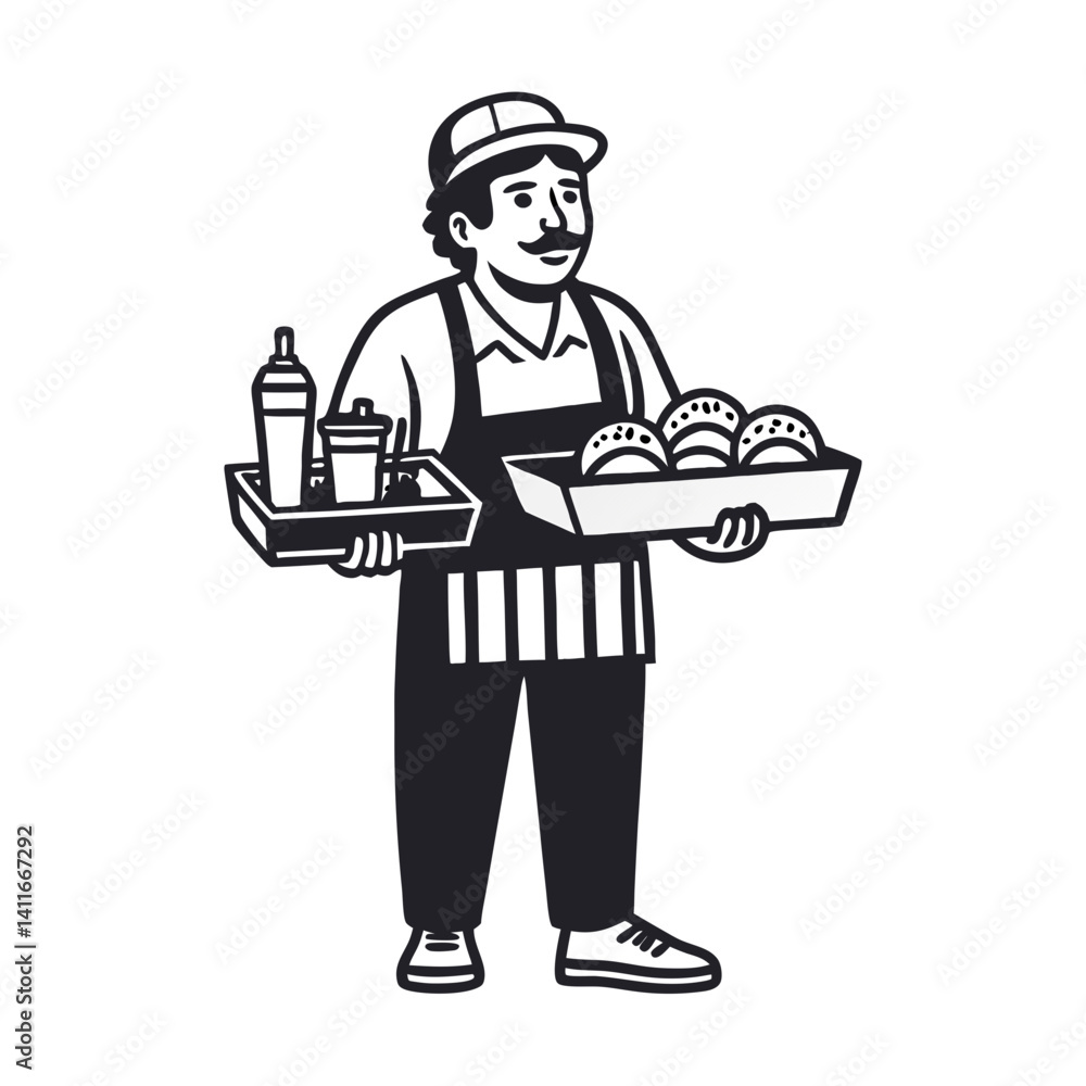 Smiling Vendor Holding Trays of Food and Drinks in a Retro Style Illustration Smiling Vendor Holding Trays of Food and Drinks in a Retro Style Illustration