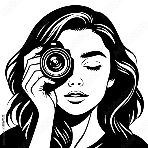 Stylish Young Woman Capturing Moment with Camera in Artistic Black and White Design
