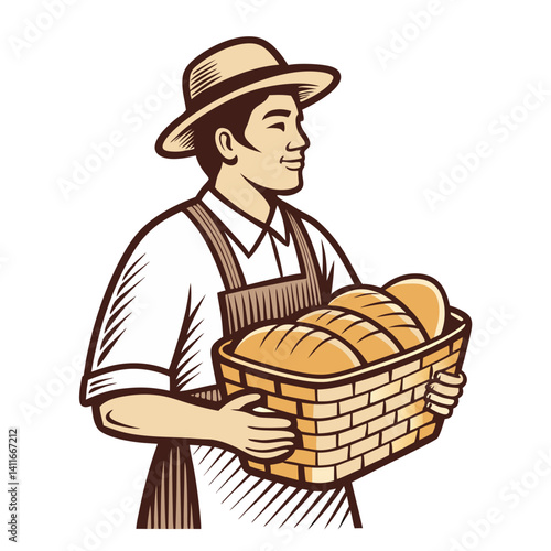 Baker Holding Freshly Baked Bread in a Basket Vintage Style Illustration for Culinary Designs