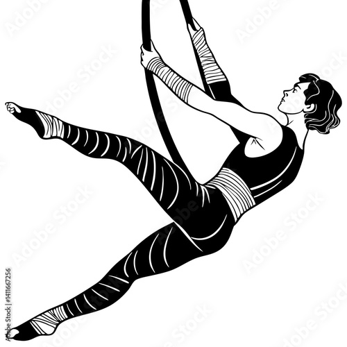 Elegant Aerial Acrobat in Action with Suspended Hoop for Fitness and Dance Inspiration