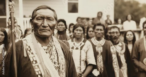 Native American Elder and Community: A sepia-toned photograph captures a solemn Native American elder standing prominently amongst his community, conveying a sense of heritage and resilience.