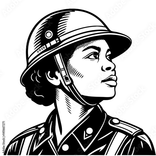 Female Soldier Portrait with Helmet in Vintage Style for Military Themed Designs