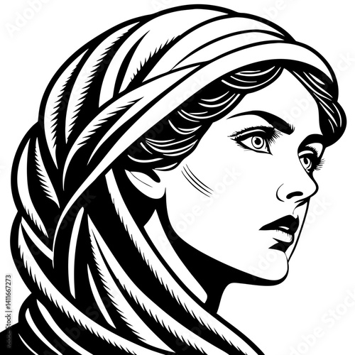Elegant Woman Portrait with Braided Hair Black and White Line Art for Tattoo and Design