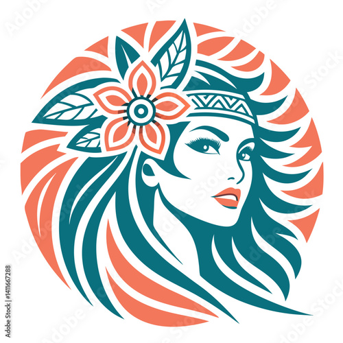 Elegant Polynesian Woman with Flower and Bold Hair Design for Tattoo and Coloring Projects