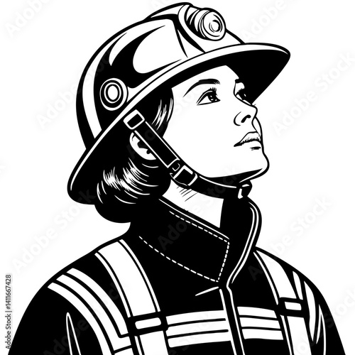 Courageous Female Firefighter in Helmet Looking Up Inspiring Strength and Bravery