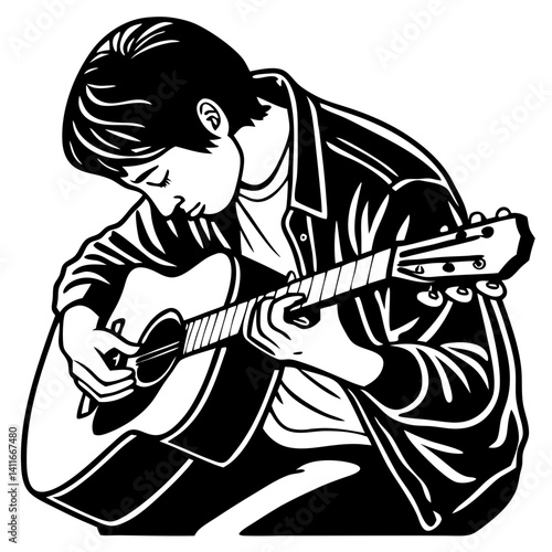 Young Musician Playing Acoustic Guitar Silhouette for Tattoo Design and Coloring Book Art