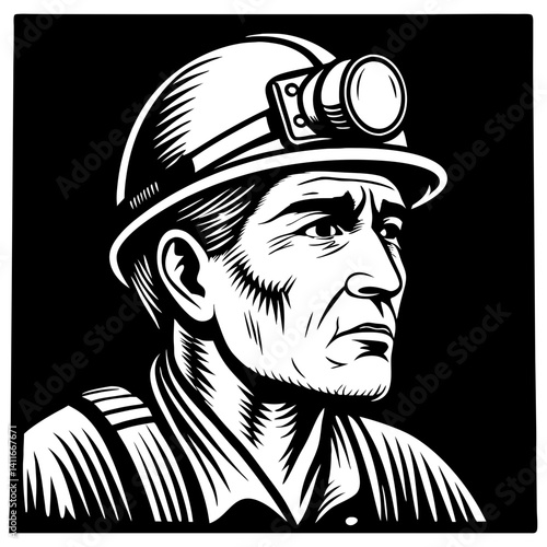Determined Miner Portrait with Hard Hat and Lamp Evoking Strength and Resilience