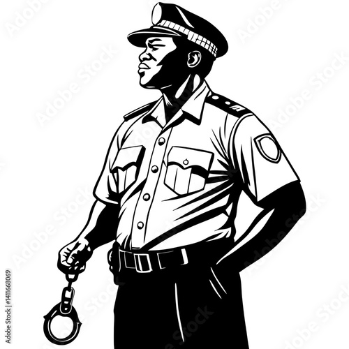 Confident Male Police Officer Holding Handcuffs in Uniform for Law Enforcement Illustration