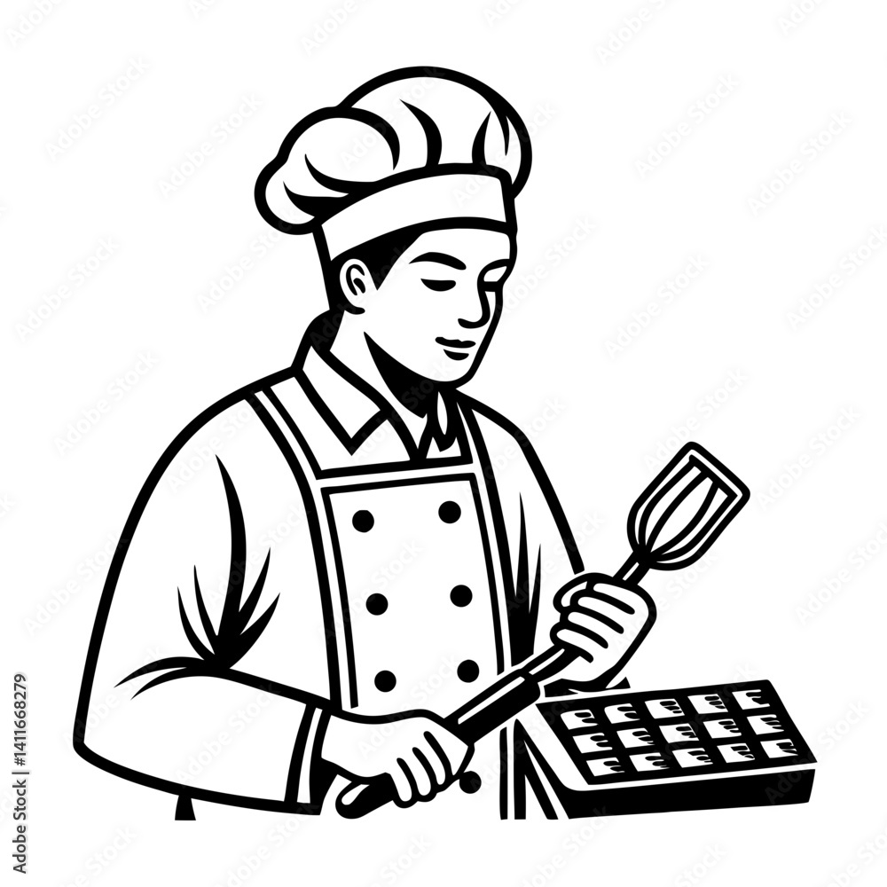 Chef Preparing Delicious Food with Spatula in Culinary Kitchen Setting Chef Preparing Delicious Food with Spatula in Culinary Kitchen Setting