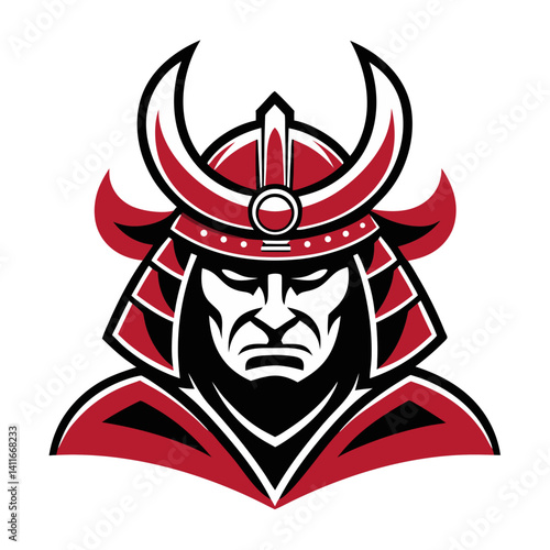 Fierce Samurai Warrior Head Illustration in Bold Red and Black for Strong Designs