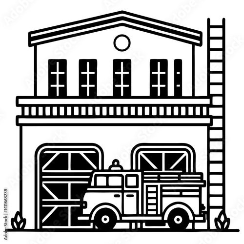 Fire Station Illustration Featuring Classic Fire Truck and Detailed Architecture
