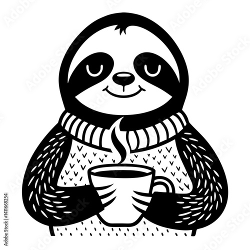 Charming Sloth with Coffee Cup in Cozy Sweater Ideal for Fun Illustrations and Tattoos