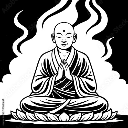 Meditating Monk Surrounded by Mystical Smoke on a Lotus Flower for Spiritual Artwork and Designs
