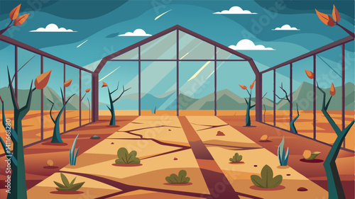 The layers of wilting leaves and driedout soil blend together to create a nearly desolate landscape inside the oncethriving greenhouse emphasizing the dire consequences of climate. Vector illustration