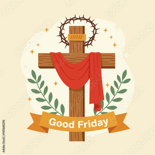 Flat-style vector illustration for Good Friday featuring a textured wooden cross, a flowing red cloth, a crown of thorns, and tropical leaves, conveying a modern yet solemn religious theme