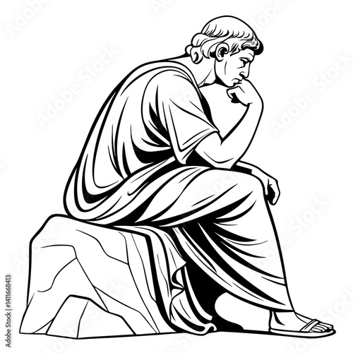 Thoughtful Philosopher Sculpture in Contemplation Suitable for Tattoo or Coloring Design