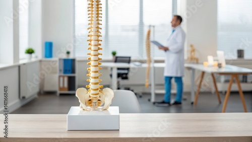 chiropractor concept Medical professional examining a spine model in a bright, modern clinic.