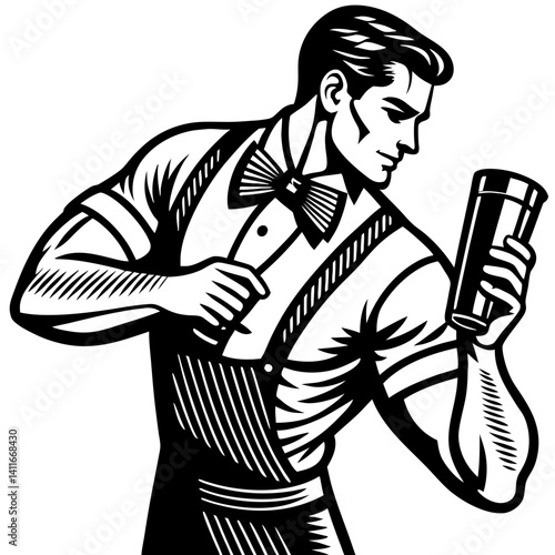 Vintage Bartender Mixing Cocktail in Classic Attire Stylish Illustration for Bar Menus and Decor