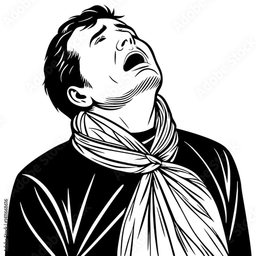 Emotional Male Figure Expressing Pain with Scarf Illustration for Tattoo Design and Art Projects