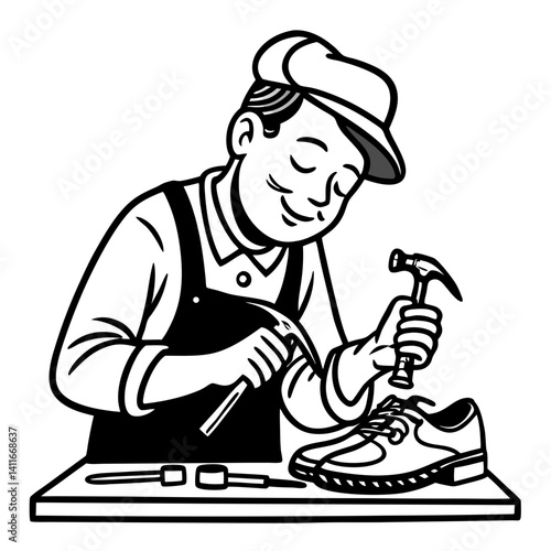 Skilled Cobbler Repairing Shoe with Hammer and Tools for Leathercraft Enthusiasts