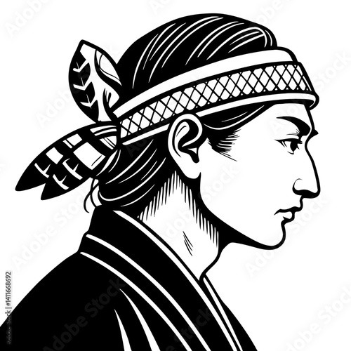 Samurai Warrior Profile Silhouette with Traditional Headband for Tattoo and Art Designs