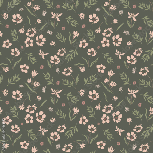 Vector seamless pattern with tiny pink flowers on dark boho green background. Hand-drawn in doodle style. Textile, background, packaging.