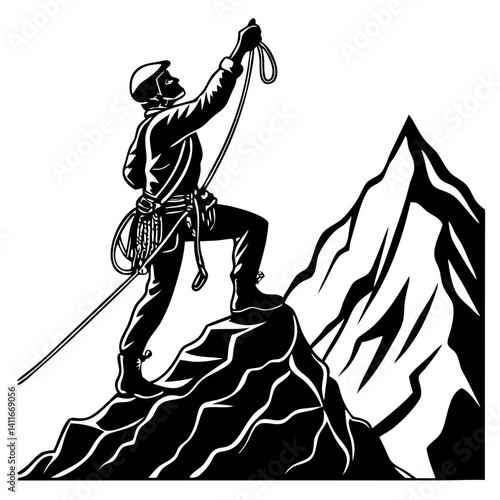 Climber Reaching Summit on Rocky Mountain Peak Vector Graphic for Outdoor Adventure Themes