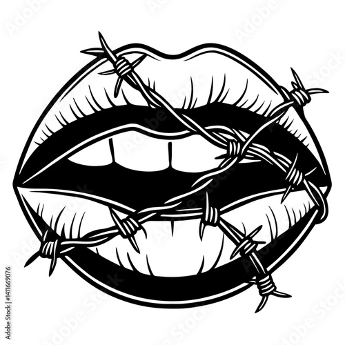 Bold Lip Design with Barbed Wire for Tattoo and Graphic Art Inspiration