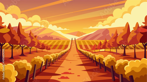 Devoid of any shade the parched vineyard seemed to radiate its own intense heat the air thick and heavy with the scent of dried gs.. Vector illustration