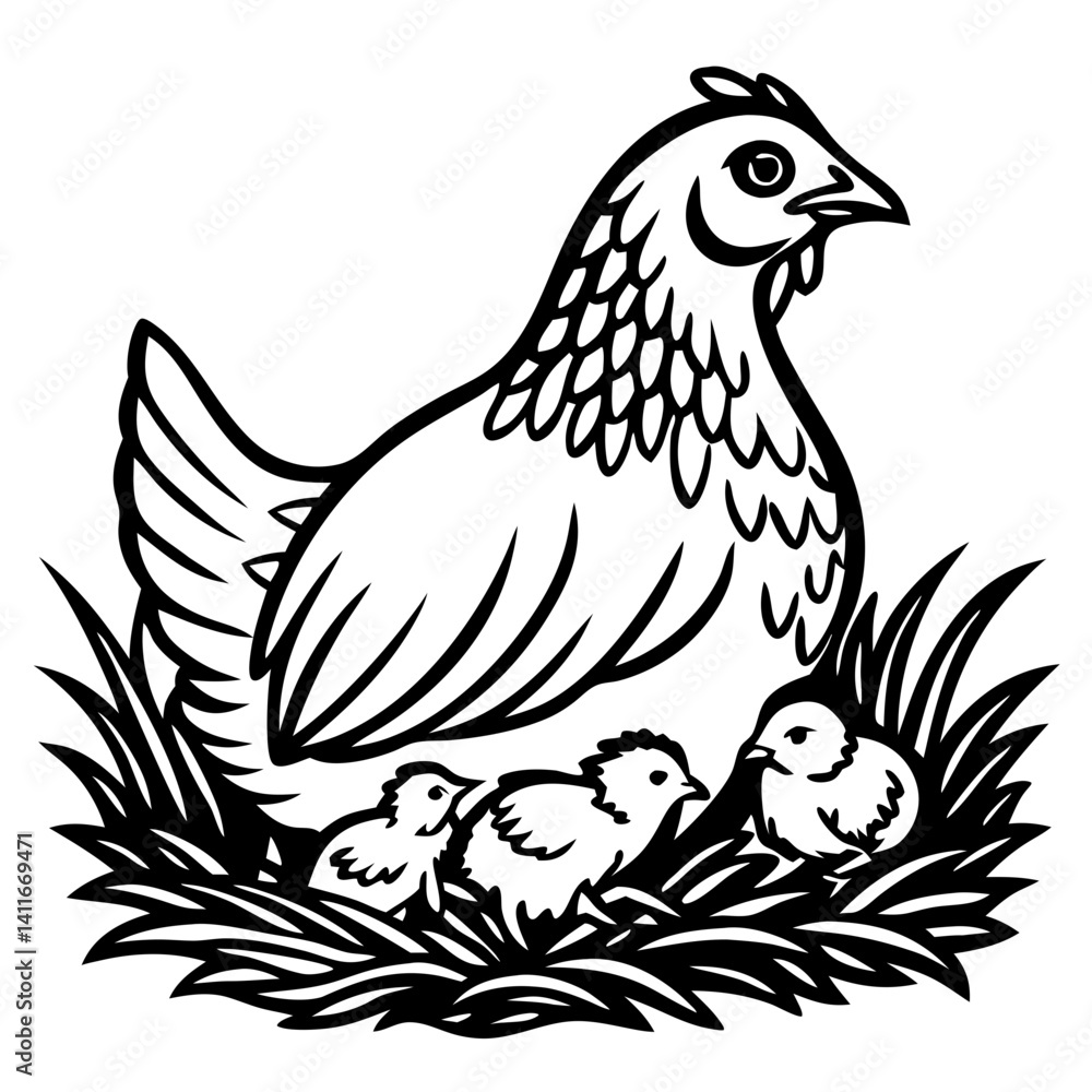 Fototapeta premium Mother Hen with Chicks in Nest Vector Illustration for Children's Art Projects