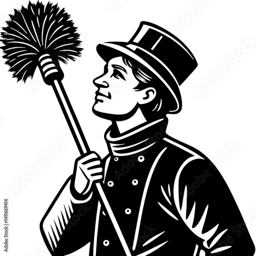 Vintage Chimney Sweep Holding Brush in Classic Attire for Home Decor and Tattoo Design