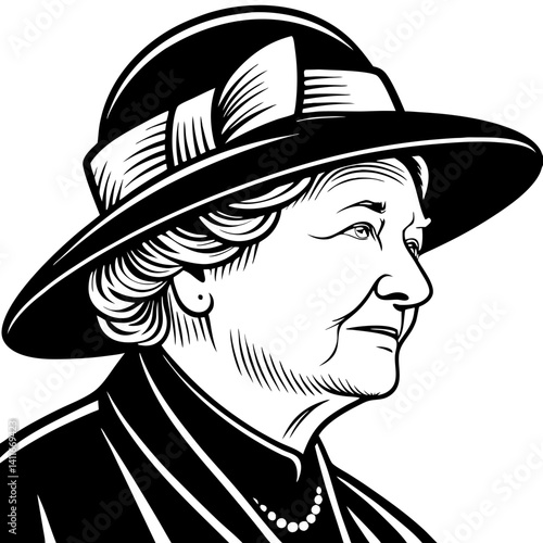 Elegant Vintage Lady Portrait in Wide Brim Hat Detailed Black and White Line Art