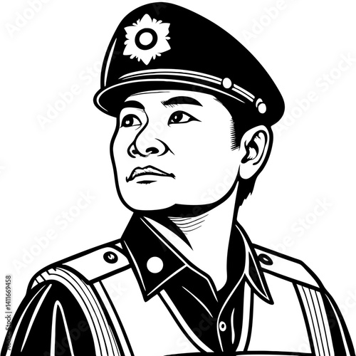 Detailed Vector Illustration of a Confident Police Officer in Uniform Looking Upward
