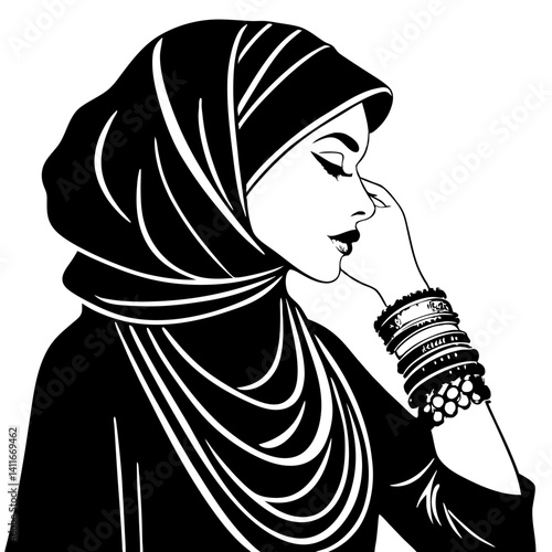 Elegant Muslim Woman Silhouette with Intricate Headscarf and Ornate Bracelets for Fashion and Culture