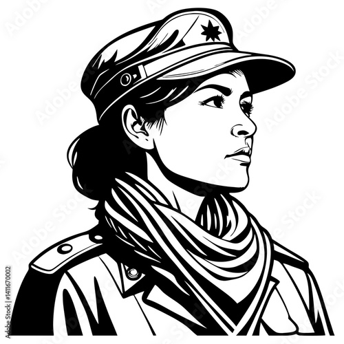 Female Soldier Portrait in Military Uniform with Scarf for Graphic Design and Tattoo Inspiration
