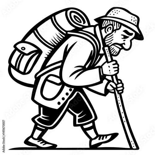 Hiker with Backpack Trekking Stick Adventure Illustration for Outdoor Activities