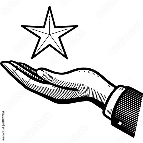 Hand Reaching Upward with Star Outline Illustration for Inspirational Designs and Tattoos