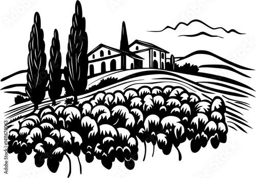 Vineyard fantasy architecture, Vineyard vector illustration