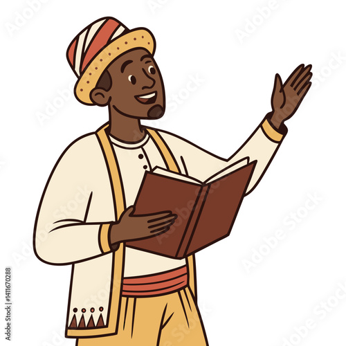 Cheerful Storyteller Holding Book Engaging Audience in Traditional Attire for Cultural Illustrations