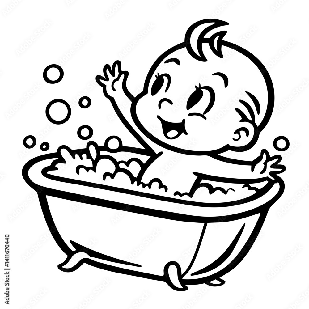 Joyful Baby Bathtub Bathing with Bubbles Cute Cartoon Coloring Page Design Joyful Baby Bathtub Bathing with Bubbles Cute Cartoon Coloring Page Design