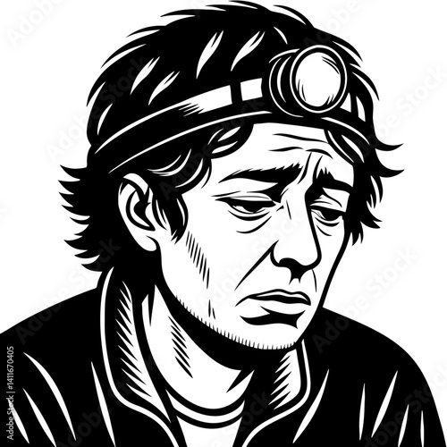 Exhausted Miner Portrait Expressing Weariness and Resilience in Black and White Illustration