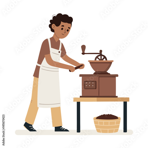Man Grinding Coffee Beans with Traditional Mill for Fresh Brewed Coffee Experience