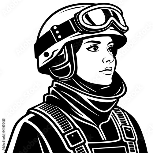Female Pilot Wearing Aviator Helmet and Goggles Vector Illustration for Tattoos and Graphics