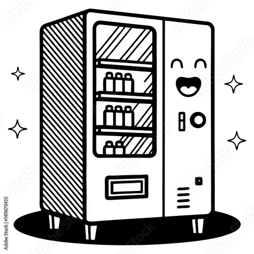 Cheerful Cartoon Vending Machine Character with Bottles for Fun Illustrations and Design Projects