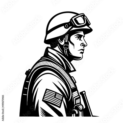 Detailed Vector Soldier Portrait in Military Gear for Illustration and Design Uses