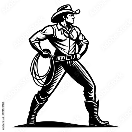 Cowboy With Lasso Strong Stance Vector Illustration For Western Themes and Tattoo Designs