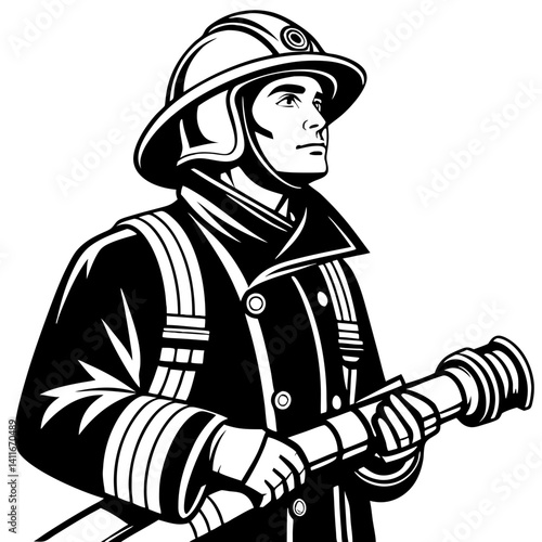 Heroic Firefighter Illustration with Hose Ready for Action for Tattoo and Coloring Projects